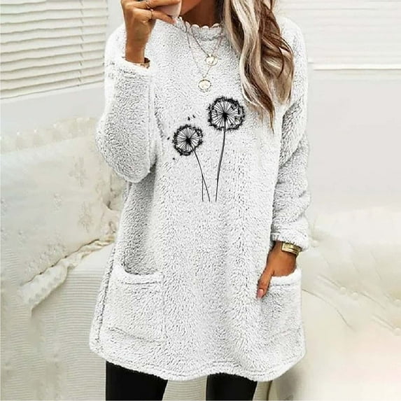 Zedker Fashion Prints Double-Side Fleece Thicken Thermal Sweatshirt for Women, Casual Crewneck Long Sleeve Pullover Tops with Pockets,White,L