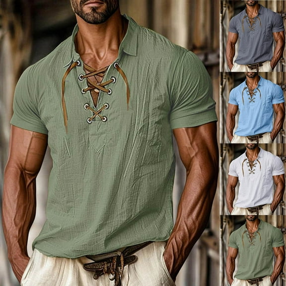 Zedker Tops for Mens Vintage Short Sleeve Shirts Cotton Linen Lace Up V Neck Shirts Hippie Beach Summer Tops