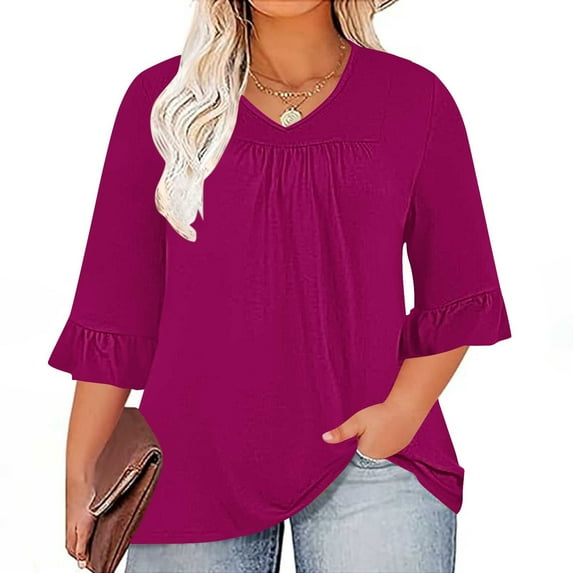 Zedker Tops for Women 3/4 Length Sleeve Pleated Front Loose Fit Dressy Casual Tunic Hot Pink Plus XXXXL