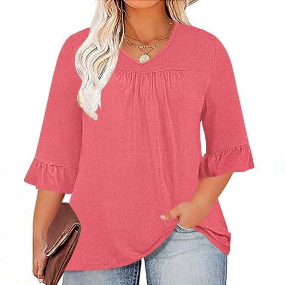 Zedker Tops for Women 3/4 Length Sleeve Pleated Front Loose Fit Dressy Casual Tunic Watermelon Red Plus XXL