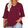 thumbnail image 1 of Zedker Tops for Women 3/4 Length Sleeve Pleated Front Loose Fit Dressy Casual Tunic Wine Plus XXXXXL, 1 of 5
