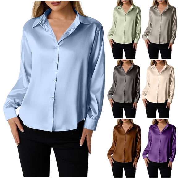 Zedker Tops for Women Long Sleeve Satin Silk Button Down Shirts Casual Business Dressy Blouses Fall Clothes Purple L