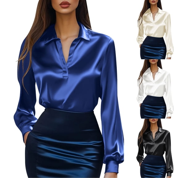 Zedker Tops for Women Satin Silk Blouse Collared V Neck Long Sleeve Shirts for Women Work Shirts Dressy Tops Fall Clothes Black M