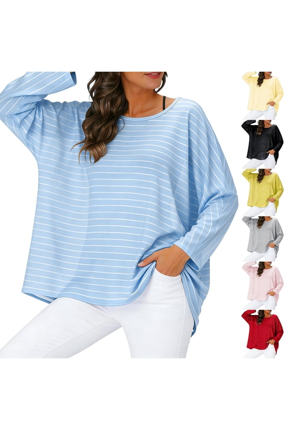 Tops for Women Striped Long Batwing Sleeve Top Oversized Beach Vacation Summer Spring Tunic Casual Boat Neck Flowy Blouse Black, Free Size