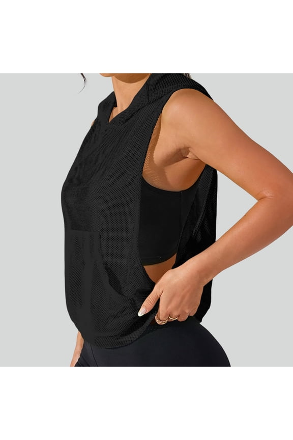 Tops for Women's Sleeveless Scoop Neck Shirt Contract Mesh Racerback Hooded Top Black XXL