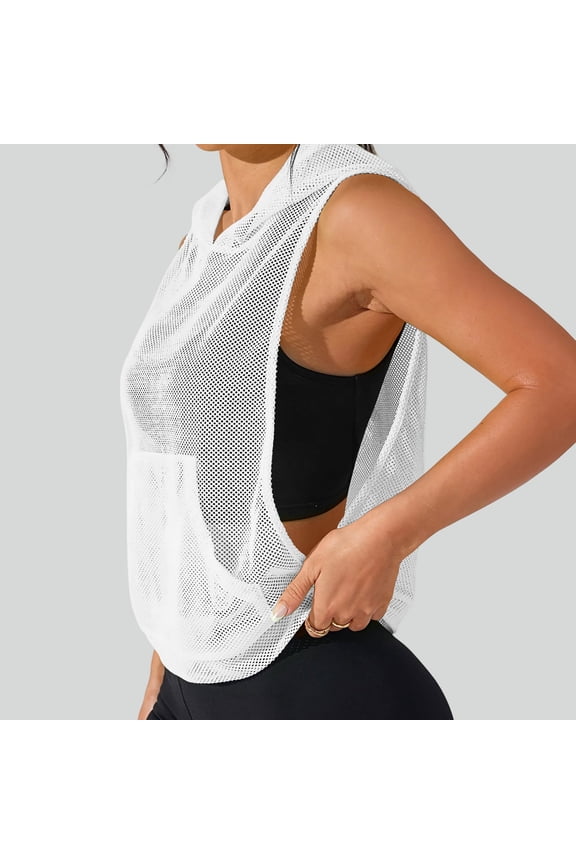 Tops for Women's Sleeveless Scoop Neck Shirt Contract Mesh Racerback Hooded Top White XXL