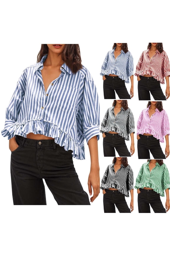Tops for Womens Cropped Striped Button Down Shirts Ruffle 3/4 Length Sleeve Summer Tops Dressy Casual Blouses Blue M