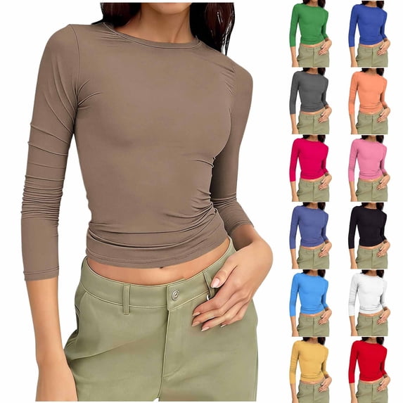 Zedker Tops for Womens Long Sleeve Crop Tops Basic Slim Fitted Shirts Spring Fashion Outfits 2026 Teen Girl Clothes Red L