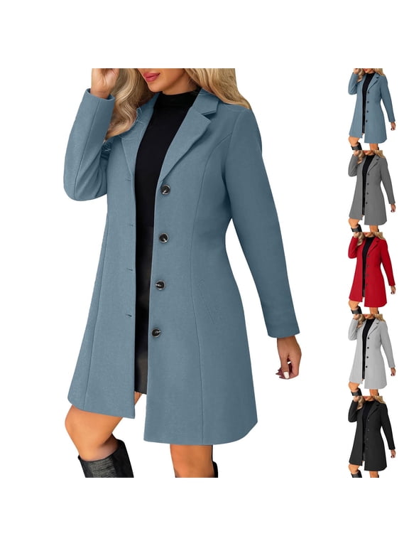 Trench Coat Womens Pea Coats Wool Blend Thicken Stand Collar Trench Coat Fashion A-Line Fall Winter Jackets with Pockets Red S
