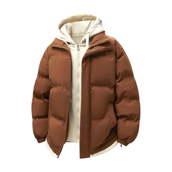 Zedker Two Piece Puffer Jacket For Men Fuzzy Hooded Coat Solid Color Jackets Winter Fashion Warm Outerwear with Pockets Coffee XXL