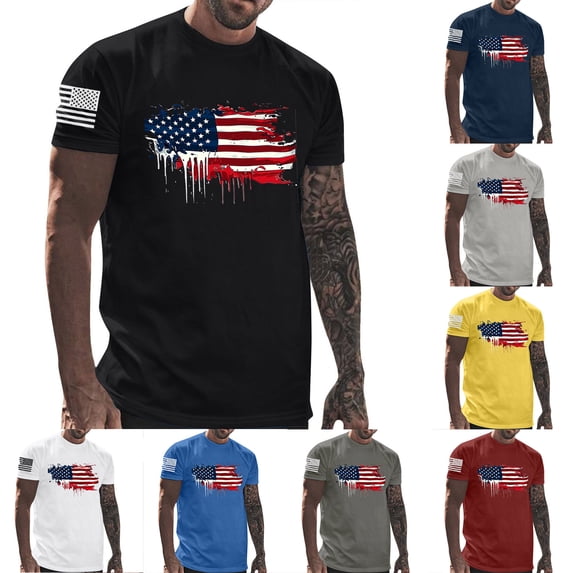 Zedker Usa Shirt for Mens Usa Flag Print Short Sleeve Mens Shirts 4th Of July Independence Day Graphic Tees Patriotic Tshirts Gray L
