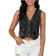 thumbnail image 1 of Zedker V-Neck Crop Jean Vest Top Sleeveless Women's Denim Summer Button Down Western Trendy Outfits Black Plus L, 1 of 5