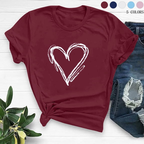 Zedker Valentine'S Day Shirts For Women Funny Print T Shirt Printed Casual T-Shirts for Women Summer Tops Wine M