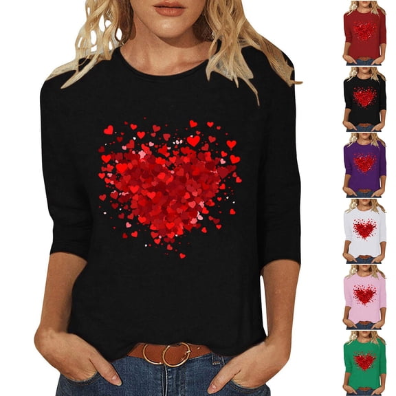 Zedker Valentine's Day Blouse, Shirts for Women's Cute Double Heart Casual 3/4 Sleeve Blouse Tops Crew Neck Tops Black M