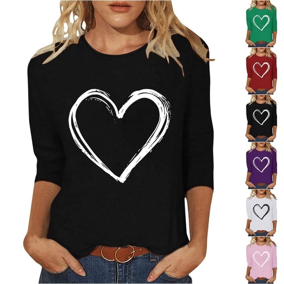 Zedker Valentine's Day Blouse, Shirts for Women's Cute Double Heart Casual 3/4 Sleeve Blouse Tops Crew Neck Tops White S