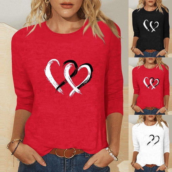 Zedker Valentine's Day Blouse, Women's Cute Heart T-Shirts Casual 3/4 Sleeve Tops Holiday Cute Basic Tees Black M