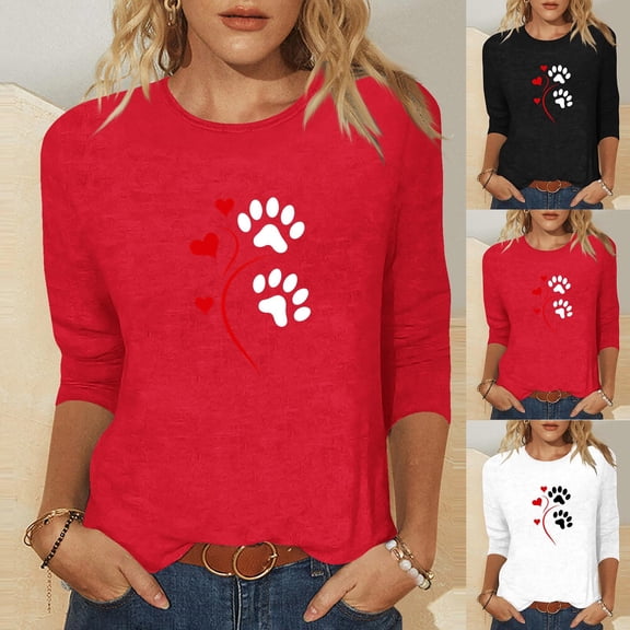 Zedker Valentine's Day Blouse, Women's Cute Heart T-Shirts Casual 3/4 Sleeve Tops Holiday Cute Basic Tees Red L