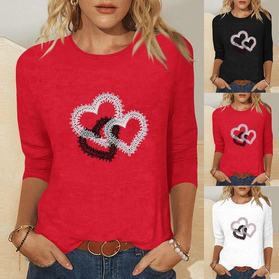 Zedker Valentine's Day Blouse, Women's Cute Heart T-Shirts Casual 3/4 Sleeve Tops Holiday Cute Basic Tees Red M