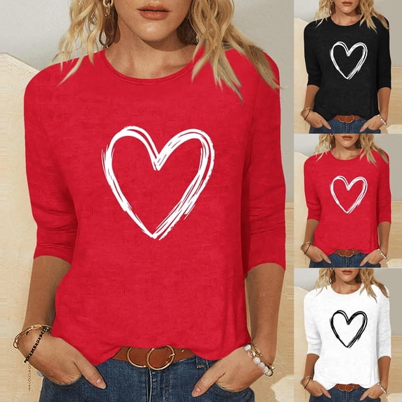 Zedker Valentine's Day Blouse, Women's Cute Heart T-Shirts Casual 3/4 Sleeve Tops Holiday Cute Basic Tees Red M