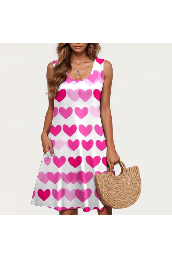 Valentine's Day Dress for Women Sleeveless Crew Neck Love Heart Printing Cocktail Dresses