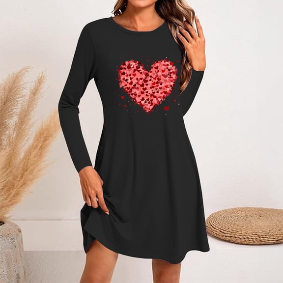 Zedker Valentine's Day Dresses for Women Wrap Hip Slim Fit Cute Heart Sweaters Crew Neck Mid-Length Dress