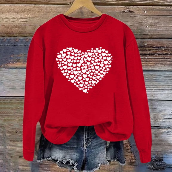 Zedker Valentine's Day Long Sleeve Sweatshirts for Women Heart Print Sweater Long Sleeve Pullover Sweatshirt Casual Crewneck Soft Shirts Multicolor M