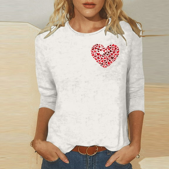 Zedker Valentine's Day Outfits Women's Cute Heart T-Shirts Casual 3/4 Sleeve Tops Holiday Cute Basic Tees Multicolor L