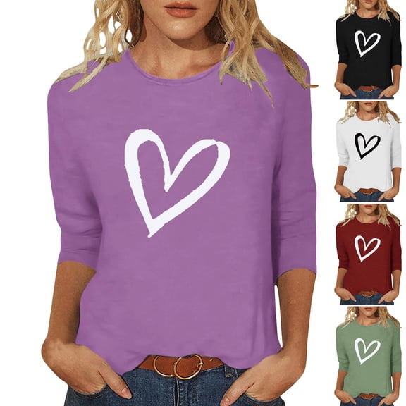 Zedker Valentine's Day Shirts for Women Love Heart Graphic T Shirts 3/4 Sleeve Trendy Basic Tees Tunic Top Green XXXXL