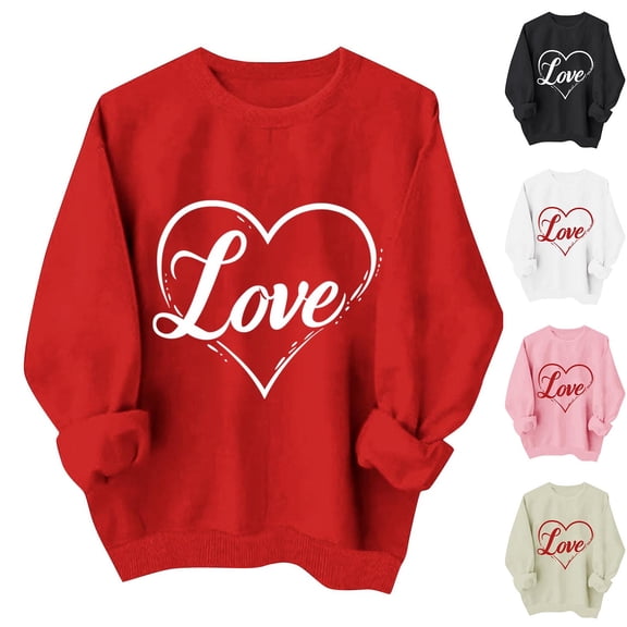 Zedker Valentine's Day Shirts for Women's Cute Double Heart Round Neck Casual Long Sleeve Tops for Graphic Tee Black XS