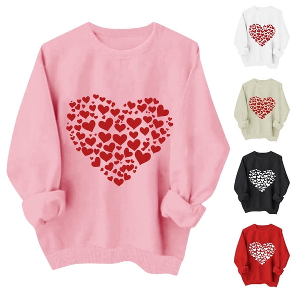Zedker Valentine's Day Shirts for Women's Cute Double Heart Round Neck Casual Long Sleeve Tops for Graphic Tee Red XS