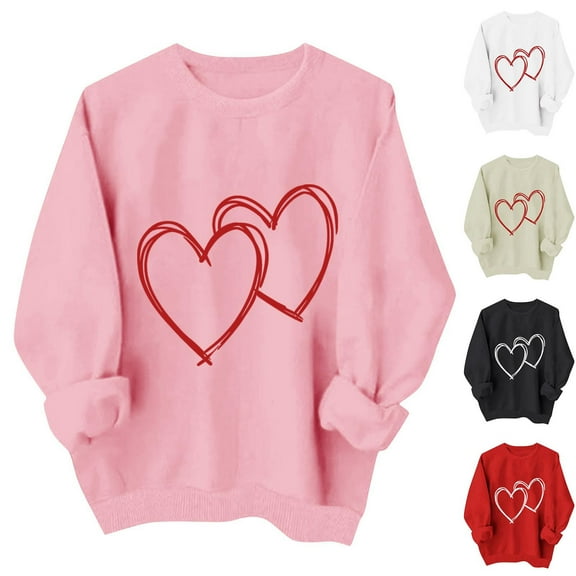 Zedker Valentine's Day Shirts for Women's Cute Double Heart Round Neck Casual Long Sleeve Tops for Graphic Tee Red XS