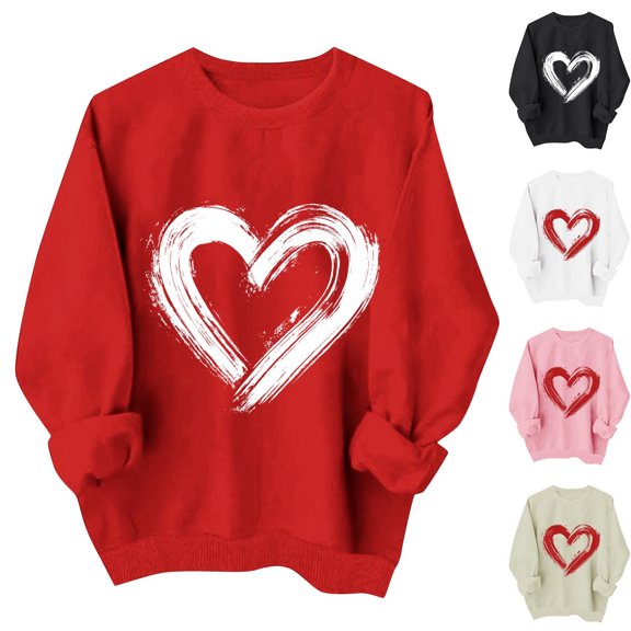Zedker Valentine's Day Shirts for Women's Cute Double Heart Round Neck Casual Long Sleeve Tops for Graphic Tee White XS