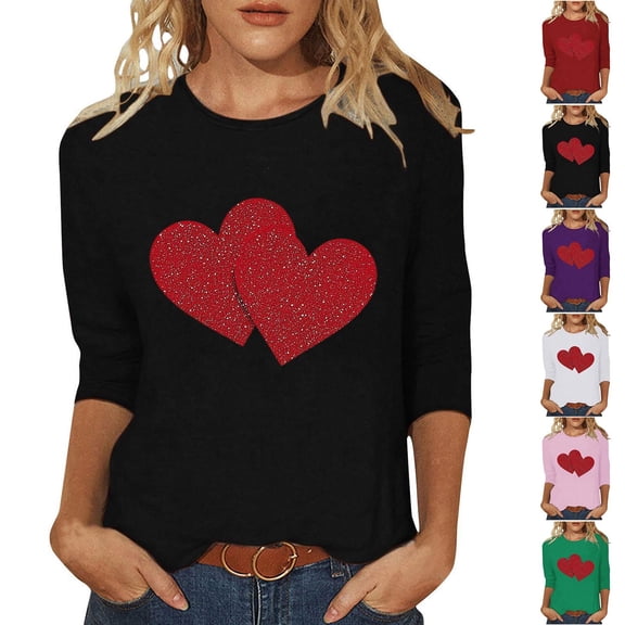 Zedker Valentine's Day Shirts for Women's Cute Double Heart Shirt Funny T-Shirt Three Quarter Sleeve Tops Green XL