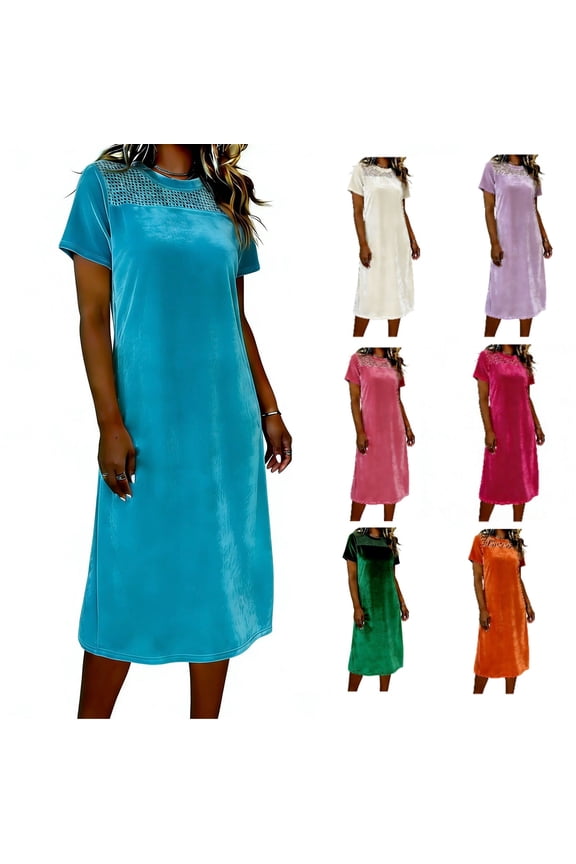 Velour Midi Dresses for Women Short Sleeve Casual Fitted Hollow Crochet Tunic Dress Cozy Velvet Dress with Back Zipper Green L