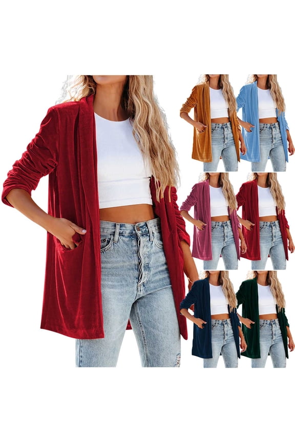Velvet Blazer Jackets forWomen Long Sleeve Open Front Cardigans Shawl Collar Trench Coats Long Outwear with Pockets Wine S