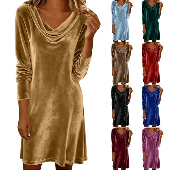 Zedker Velvet Dress for Women Cowl Neck Long Sleeve Loose Elegant Ruched Cocktail Tunic Party Fall Solid Color Mini Dress