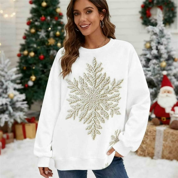 Zedker Vintage Christmas Women Sweatshirt Vintage Santa Print Casual Sweatshirt,Plus Size White XXL