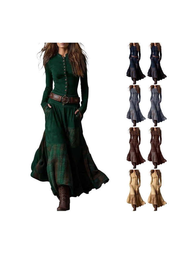 Vintage Western Dress for Women Long Sleeve Stand Collar Button Front Maxi Dress Casual Patchwork Western Cowgirl Flowy Dresses