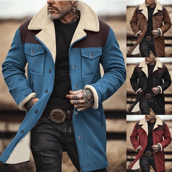 Zedker Western Jackets for Men Vintage Cowboy Suede Jacket Plush Collar Coats Faux Leather Zip Up Casual Retro Winter Tops Blue M