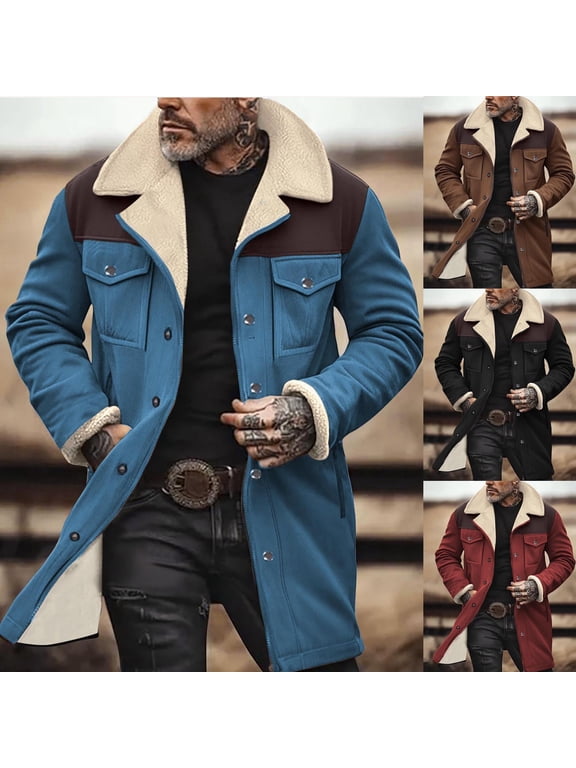 Western Jackets for Men Vintage Cowboy Suede Jacket Plush Collar Coats Faux Leather Zip Up Casual Retro Winter Tops Blue M