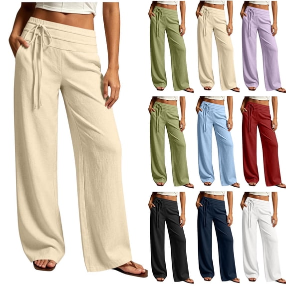 Zedker Wide Leg Pants for Womens 100% Cotton Linen Low Rise Pants Baggy Lightweight Flowy Palazzo Trousers 2026 Summer Beach Vacation Clothes with Pockets Army Green L