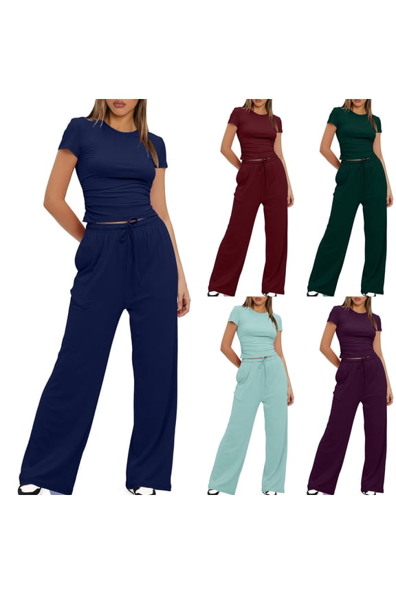 Wide Leg Pants for Women 2 Piece Lounge Set Ruched Short Sleeve Tops High Waisted Trousers