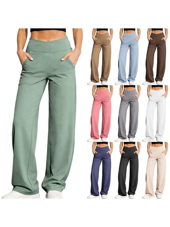 Wide Leg Pants for Women Loose Yoga Pants Regular/Tall Stretch Casual Lounge Pants with Pockets BlackL