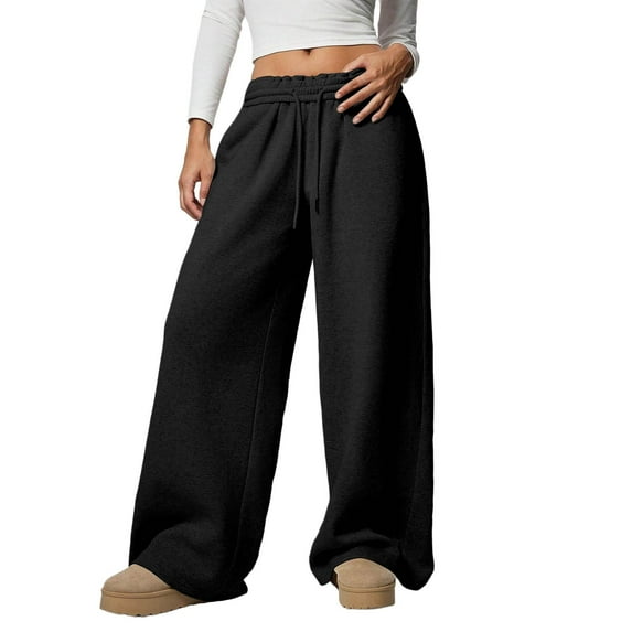 Zedker Wide Leg Sweatpants Women Y2K Baggy Low Rise Fleece Lined Warm Comfy Athletic Fall Winter Pants, Plus Size Black L