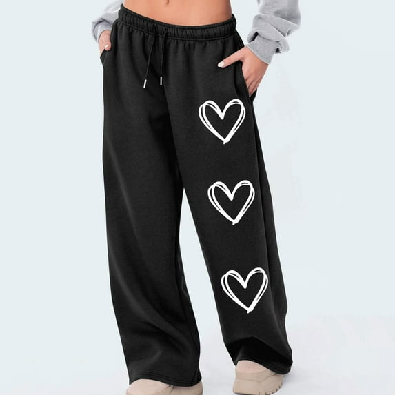 Zedker Wide Leg Womens Sweatpants with Fashion Heart-Shaped Prints Casual Mid Waist Elastic Drawstring Pants with Pockets,Black,L