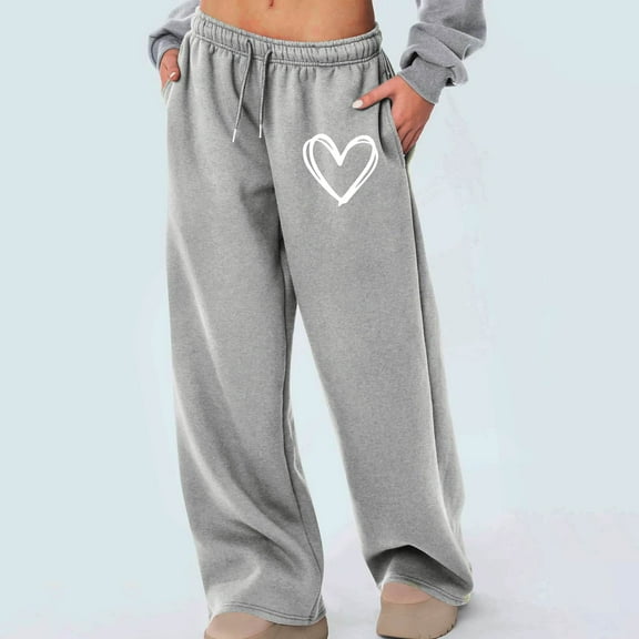 Zedker Wide Leg Womens Sweatpants with Fashion Heart-Shaped Prints Casual Mid Waist Elastic Drawstring Pants with Pockets,Gray,L