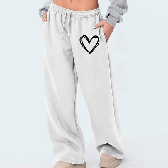 Zedker Wide Leg Womens Sweatpants with Fashion Heart-Shaped Prints Casual Mid Waist Elastic Drawstring Pants with Pockets,White,XL