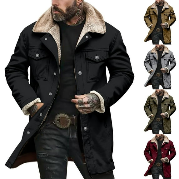 Zedker Winter Coats for Mens Vintage Cowboy Suede Jacket Plush Collar Coats Faux Leather Zip Up Casual Retro Winter Tops Black M
