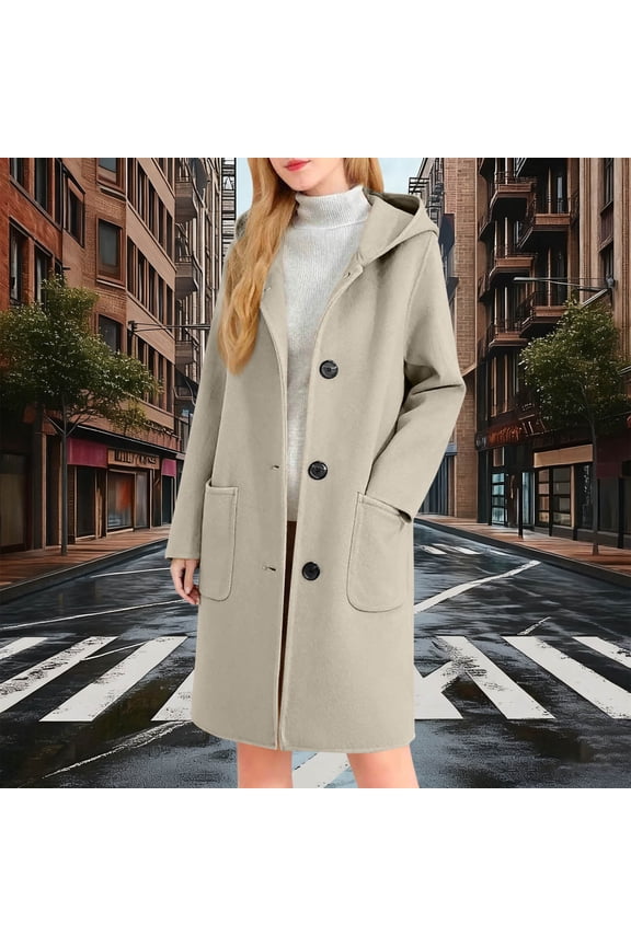 Winter Daily Wear Solid Color Hooded Wool Mixture Coats for Women, Casual Warm Long Sleeve Jackets with Button Front and Pockets,Beige,Xl