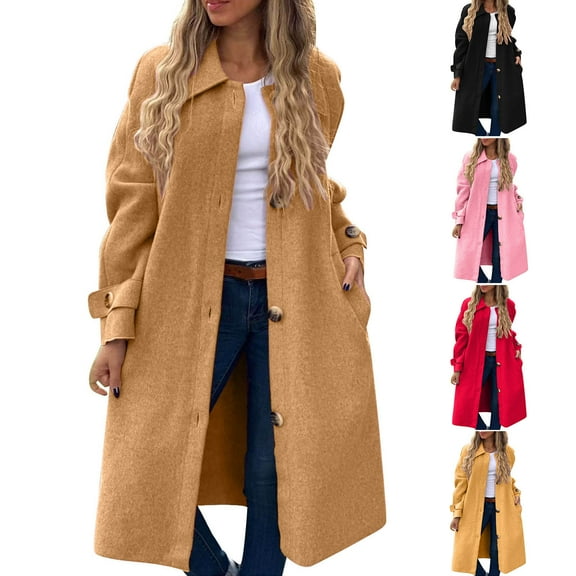 Zedker Winter Long Coats for Women Notched Lapel Collar Double Breasted Pea Coat Winter Elegant Wool Blend Over Coats Jackets